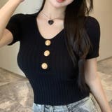 ブラック | フロントボタンリブ半袖トップス 10357 | G&L Style