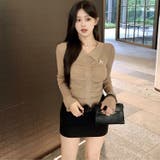 ブラウン | リボンブローチ付き リブニットトップス 10377 | G&L Style