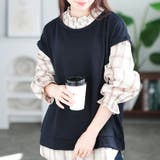 ネイビー | 大きいサイズレディース チュニック チェックシャツフェイクベストチュニック | GOLDJAPAN　大きいサイズ専門店