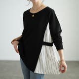 ブラック | 大きいサイズレディース チュニック ストライプ切り替えアシンメトリーチュニック | GOLDJAPAN　大きいサイズ専門店