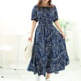 ネイビー | 大きいサイズレディース ワンピース モダン花柄配色クロスネックワンピース | GOLDJAPAN　大きいサイズ専門店