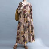 ブラウン | 大きいサイズレディース ワンピース ヴィンテージ柄Aラインワンピース | GOLDJAPAN　大きいサイズ専門店