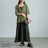 カーキ | 大きいサイズレディース ワンピース Vネック異素材ドッキングワンピース | GOLDJAPAN　大きいサイズ専門店