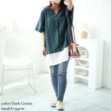 ダークグリーン | 大きいサイズレディース チュニック フェイクレイヤードキーネックドルマンチュニッ… | GOLDJAPAN 大きいサイズ専門店