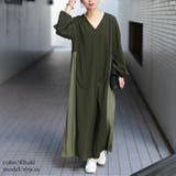 カーキ | 大きいサイズレディース ワンピース サイドプリーツ切り替えVネックワンピース | GOLDJAPAN　大きいサイズ専門店