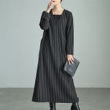 ブラック | 大きいサイズレディース ワンピース 重ね着風ピンストライプスリットワンピース | GOLDJAPAN　大きいサイズ専門店