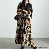 ブラック | 大きいサイズレディース ワンピース ペイント柄切り替えギャザーフレアワンピース | GOLDJAPAN　大きいサイズ専門店