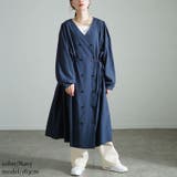 ネイビー | 大きいサイズレディース ワンピース タックスリーブダブルボタンワンピース | GOLDJAPAN 大きいサイズ専門店