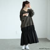 チャコール | 大きいサイズレディース ワンピース 異素材ドッキングギャザーワンピース | GOLDJAPAN　大きいサイズ専門店