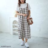 ホワイト | 大きいサイズレディース ワンピース ラウンドネックTシャツ＆チェックキャミワンピ… | GOLDJAPAN　大きいサイズ専門店