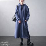 ブルー | 大きいサイズレディース ワンピース 裏起毛サイドスリットフード付きワンピース | GOLDJAPAN　大きいサイズ専門店