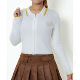 オフホワイト | 《配色ライン襟×ワッペン刺繍》レディース リブニットジップカーディガン 長袖 | GORGE 