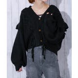 ブラック | 《レースアップ×袖フリル》レディース ニットカーディガン ショート丈 秋冬 | GORGE