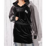 ブラック | 《ライン切替×スポカジ》レディース ベロア ミニワンピ フーディ 秋冬 | GORGE