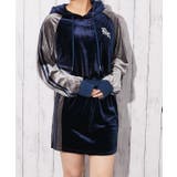 ネイビー | 《ライン切替×スポカジ》レディース ベロア ミニワンピ フーディ 秋冬 | GORGE