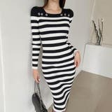 ジュエリーボタンが輝くレイヤード風襟元のボーダーニットワンピース(キャバドレス … | GRAXIA | 詳細画像4 