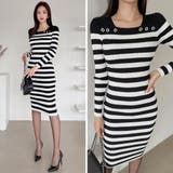 ジュエリーボタンが輝くレイヤード風襟元のボーダーニットワンピース(キャバドレス … | GRAXIA | 詳細画像8 