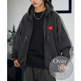 ブラック系 | ボリューム袖 ハート ワイド ジップパーカー サイドライン モードグラフィック | GROOVY STORE