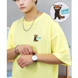 イエロー-レッサーパンダ | 刺繍 ワンポイント Tシャツ半袖 T ロゴ ワイド  | GROOVY STORE