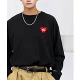 ブラック-ハート | ワイドシルエット ワンポイント長袖Tシャツ ロンT | GROOVY STORE