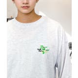 シロ杢-青リンゴ | ワイドシルエット ワンポイント長袖Tシャツ ロンT | GROOVY STORE