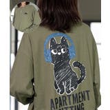 オリーブ | 【ワイド】黒ネコ ロンｔ 長袖Tシャツ ワンポイント  | GROOVY STORE