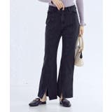 ブラック | デニムフレアフロントスリットパンツ S M | Growing Rich