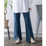 ブルー | デニムフレアフロントスリットパンツ S M | Growing Rich