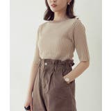 ベージュ | 配色リブ5分袖プルオーバー トップス レディース | Growing Rich
