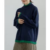 ネイビー×グリーン | ハイネックアウトリンキングニット ニット レディース | Growing Rich