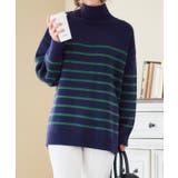 ネイビー | ボーダーハイネックオーバーニット ニット レディース | Growing Rich