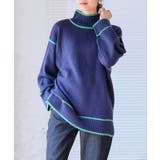 ネイビー | 配色パイピングハイネックニット ニット レディース | Growing Rich