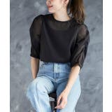 ブラック | オーガンジー袖ギャザーブラウス 二の腕カバー トップス | Growing Rich