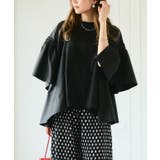 ブラック | 袖スリット異素材フレアトップス フレアスリーブ 半袖 | Growing Rich