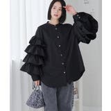 ブラック | 袖フリル ブラウス バンドカラー | Growing Rich