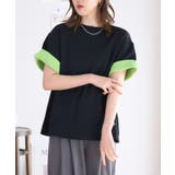 ブラック | 袖バイカラーニットT 半袖 配色 | Growing Rich
