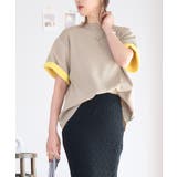 ベージュ | 袖バイカラーニットT 半袖 配色 | Growing Rich