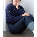 ネイビー | アルパカタッチ フラワー刺繍 ニット | Growing Rich