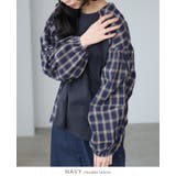 ネイビー | タックで作る、立体的なボリューム袖。チェック柄タック袖プルオーバー ブラウス カ… | HAPPY急便 by VERITA.JP