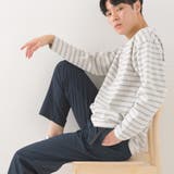143-オートミール×グレー | 【OMNES】メンズ 10番単ボーダー長袖Tシャツ | OMNES HOMME