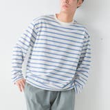 229-ホワイト×スモークブルー | 【OMNES】メンズ 10番単ボーダー長袖Tシャツ | OMNES HOMME