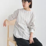 258-ベージュストライプ | 【OMNES】製品洗いコットンブロード裾ラウンドレイヤードブラウス | OMNES