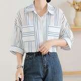 初秋 新作 七分袖 シャツ ストライプ柄 トップスダブルポケット | WITCH | 詳細画像2 