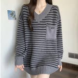 グレー | 秋冬 新作 ボーダー柄アイレットニットチュニック | WITCH