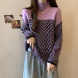 ピンク | 配色 ニットトップス ハイネック ヘリンボーン | WITCH
