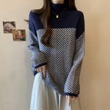 ネイビー | 配色 ニットトップス ハイネック ヘリンボーン | WITCH