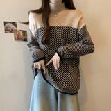 ベージュ | 配色 ニットトップス ハイネック ヘリンボーン | WITCH