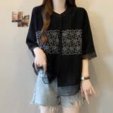 ブラック | 上品シンプル花柄刺繍七分袖トップス ブラウス | WITCH