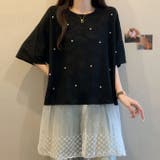 ブラック | 裾レースラインストーンオーバーTシャツ | WITCH