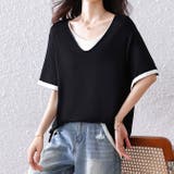 ブラック | 大人上品重ね風ゆったり 体型カバーTシャツ Vネック トップス | WITCH